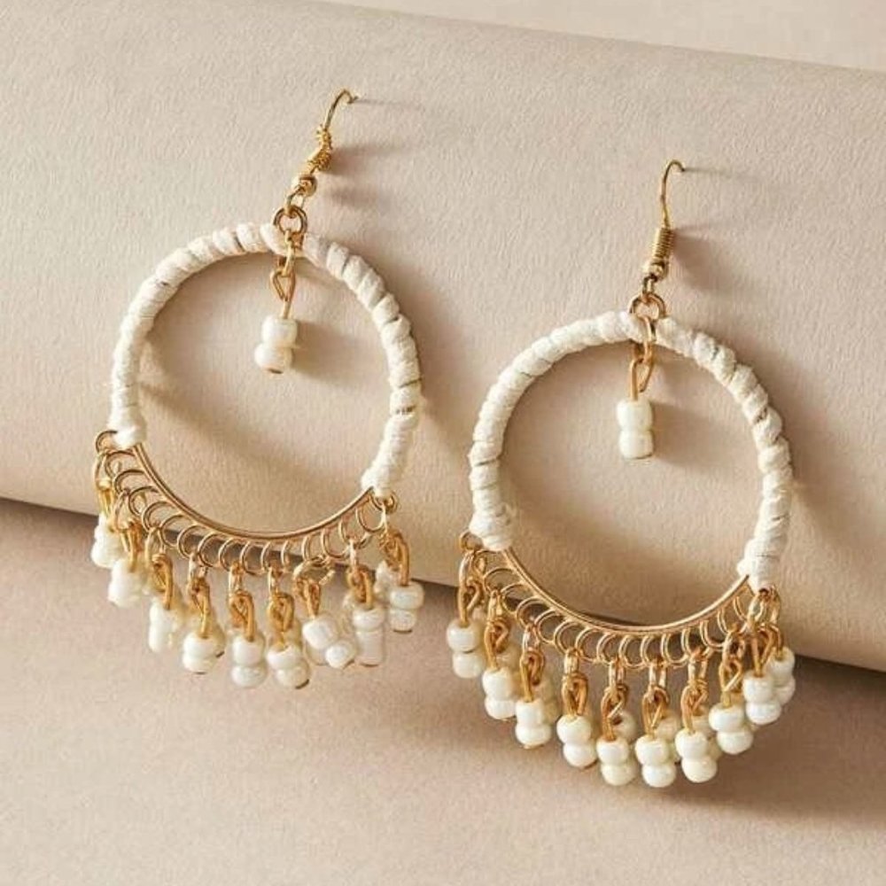 NEW‎ Gold White Dangle Boho Beaded Wrapped Round Drop Fashion Earrings